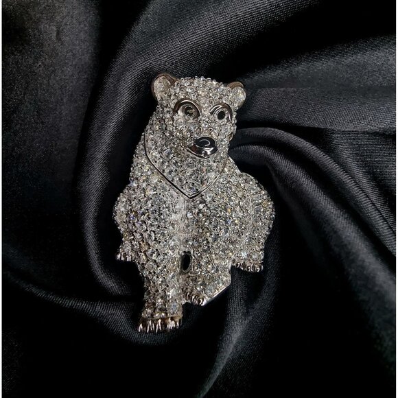 Swarovski Swan Signed Silver Tone Clear Crystals Black Eyes Polar Bear Brooch